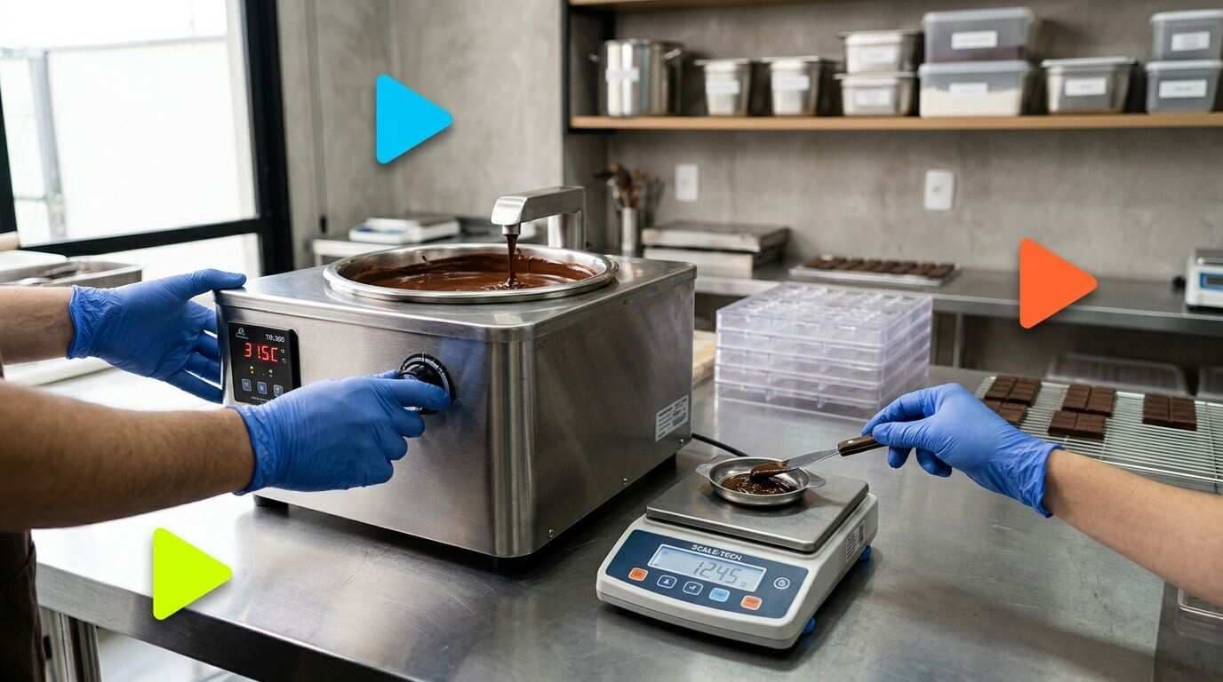 Máquina derretendo chocolate em cozinha profissional