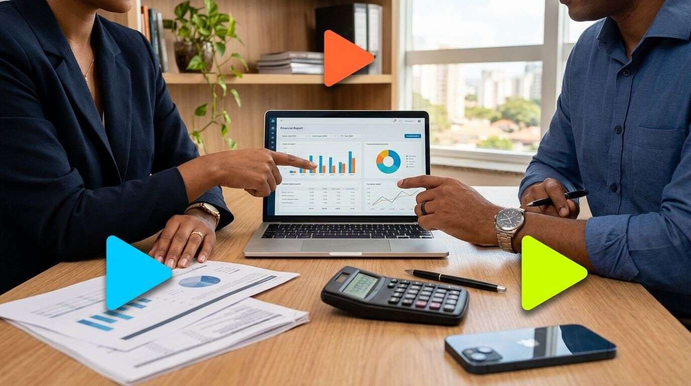 Reunião com gráficos em laptop e documentos.