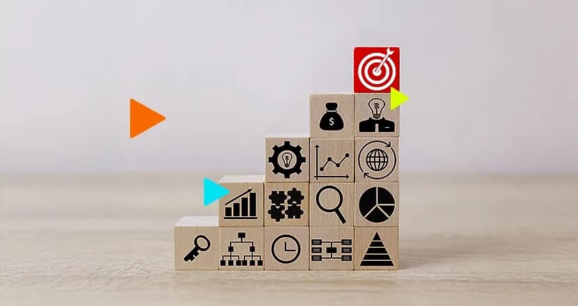 Blocos com ícones variados ilustrando os benefícios de integração entre cr e erp para atingir o alvo