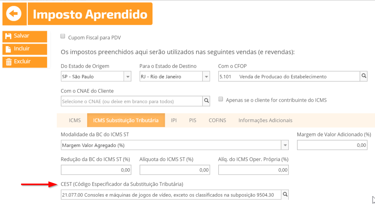 Novo campo CEST no Imposto Aprendido dentro do Cadastro do Produto