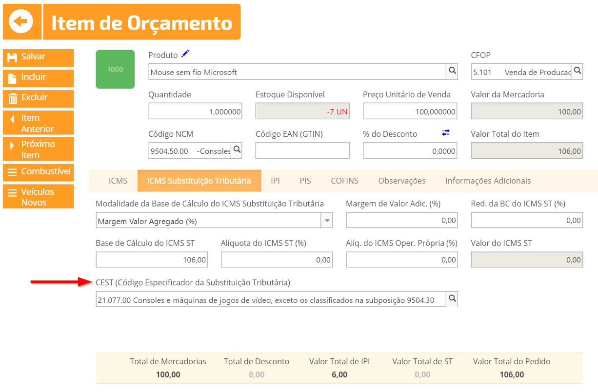 Novo campo CEST ao incluir o produto no Pedido de Venda