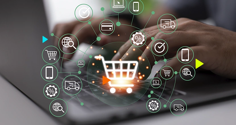 empreendedor no notebook, com ícones digitais representando a pesquisa de como vender no e-commerce