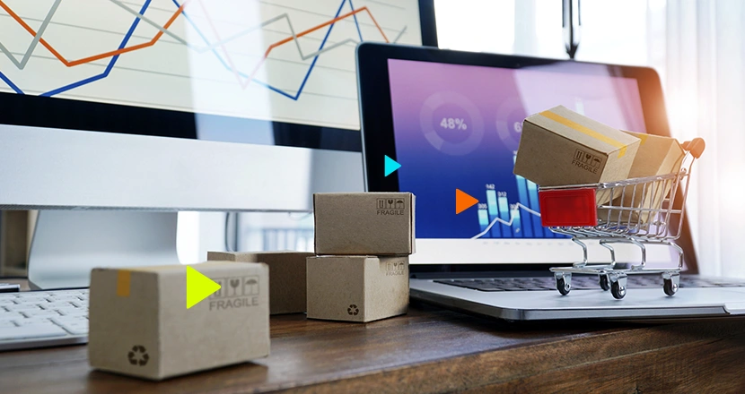 Caixas, carrinho de compras e gráficos digitais ilustrando a contabilidade para e-commerce.