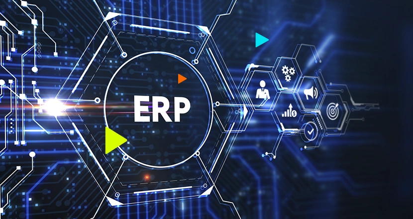 Imagem digital com a palavra ERP no centro, cercada por ícones tecnológicos, representando a portabilidade ERP entre sistemas.