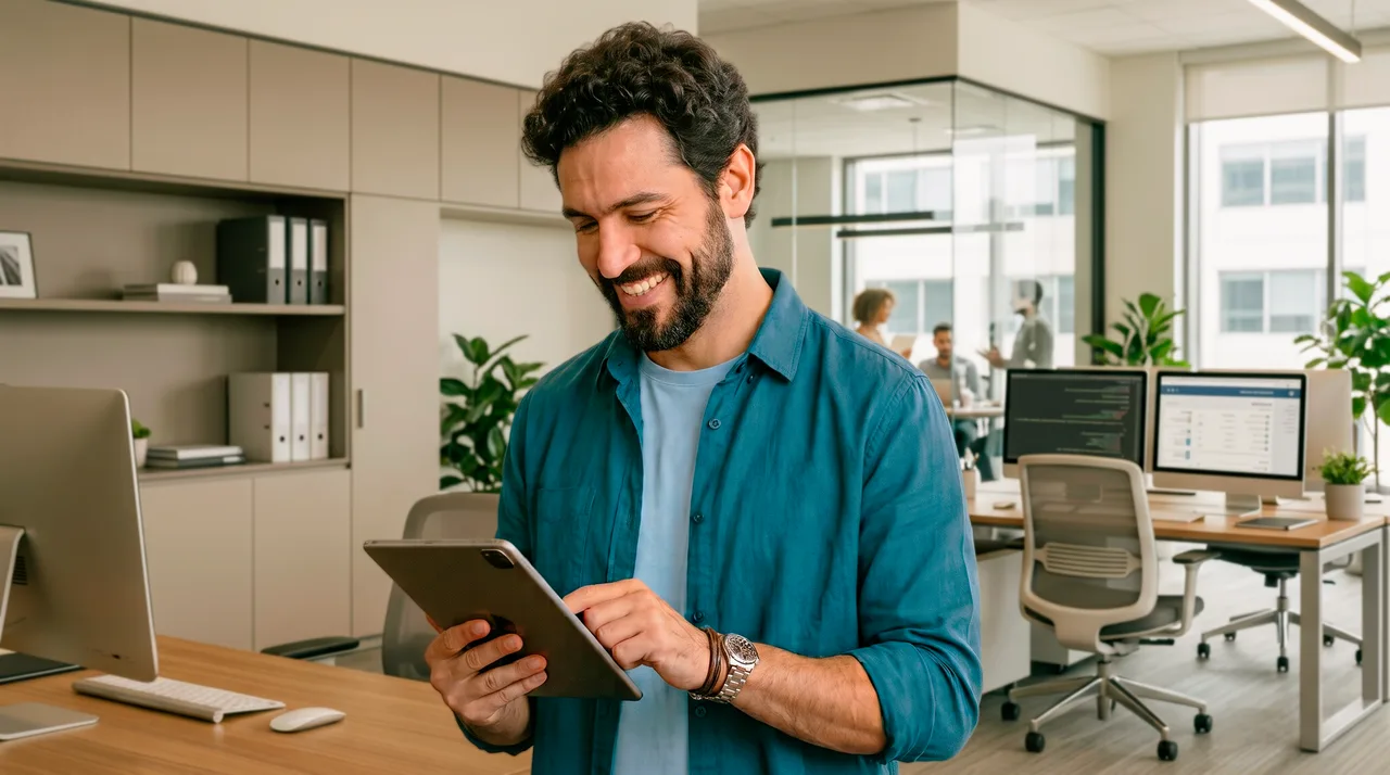 Empreendedor sorrindo enquanto usa um tablet em seu escritório