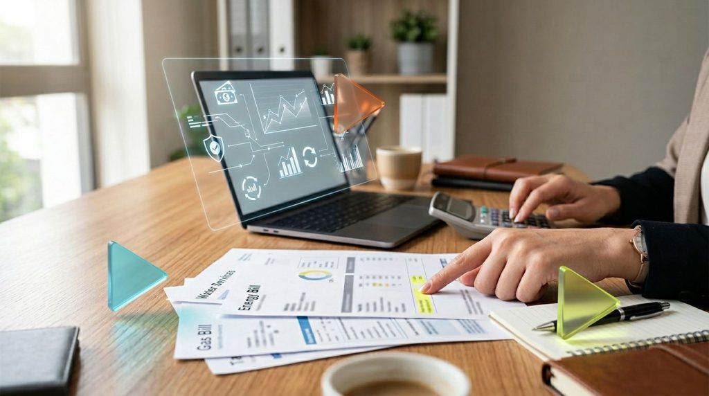 Pessoa analisando gráficos em um laptop à mesa